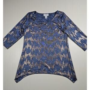Peck & Peck USA Blue Shimmer Tunic Top Medium Sharkbite Hem Stretch Travel Knit